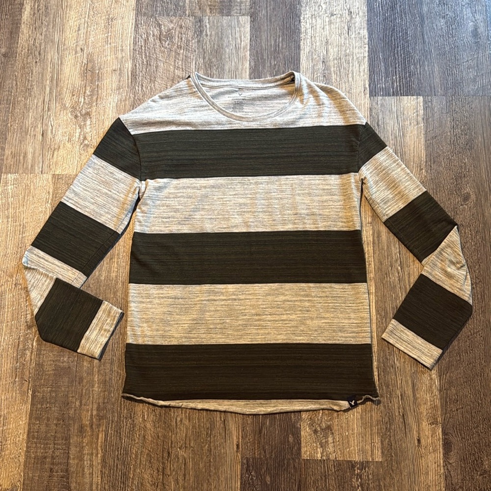 American Eagle Men XS Seriously Soft Striped Long Sleeve Shirt Green Gray